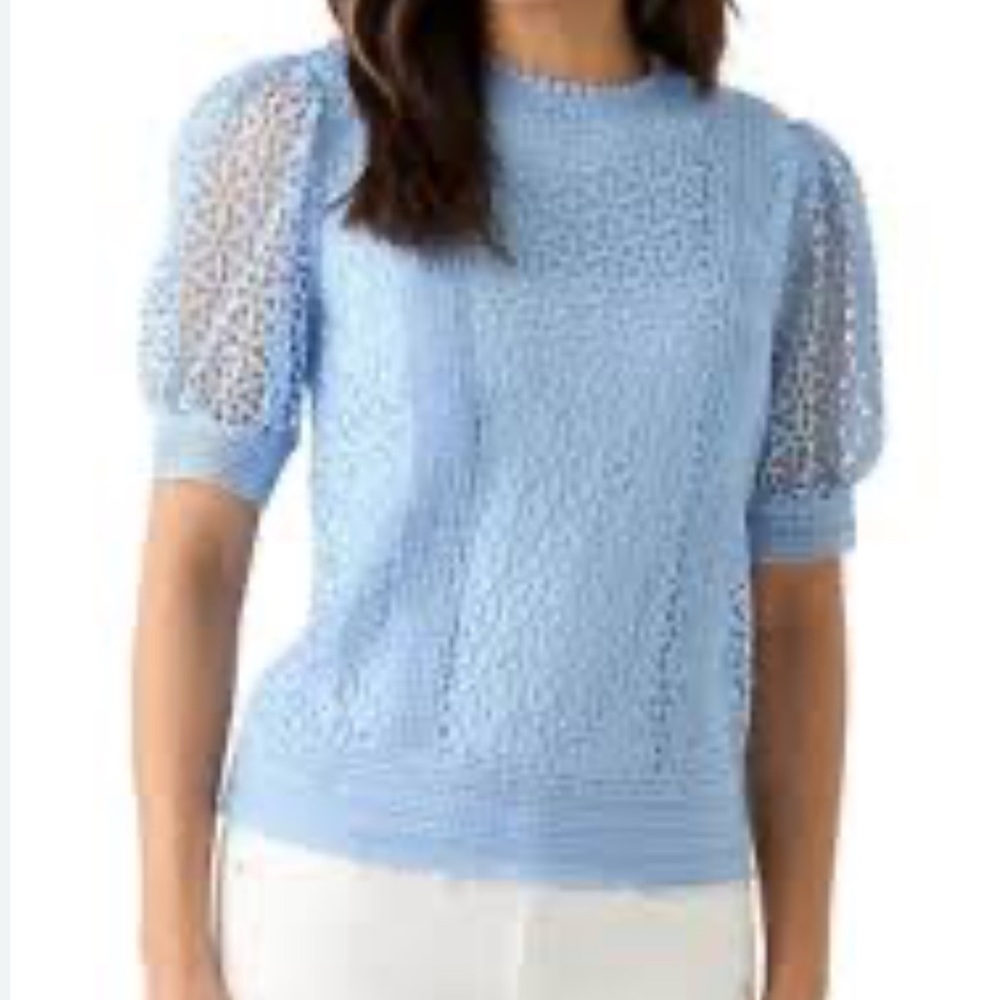 Blue Lace Puff Sleeve Top Women's Puff Sleeve Crocheted Top Blue Size Large NWT